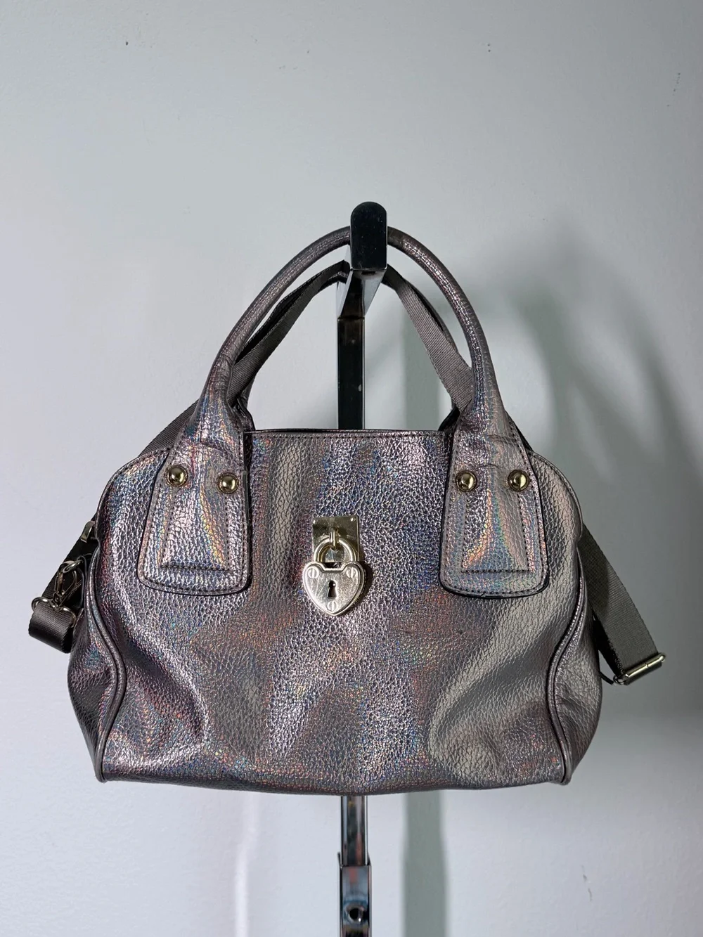 Juicy Couture Holographic Silver Heart Lock Satchel Crossbody Y2K